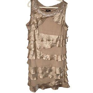NWOT Womens 22W Plus Evening Cocktail Dress Gold Ruffle Tiered Rhinestone Formal